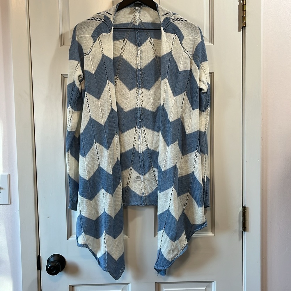 Poof Boutique Pointelle Knit Chevron Open Front Waterfall Cardigan - Size Large